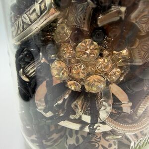 Jar of Elegant Pearls & Rhinestones Pieces, Plus Animal Print Beads. Black Cross